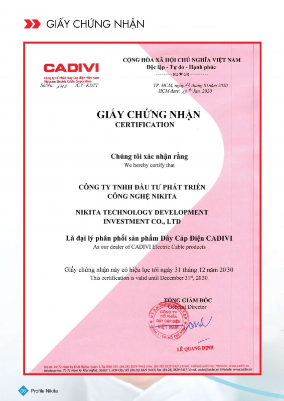 Giấy chứng nhận đại lý cấp 1 Cadivi